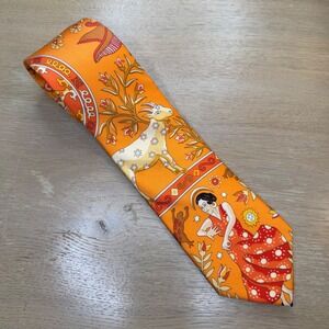 Hermes Peuple du Vent Silk Tie Mythological Goat Dancing Woman Twill Orange RARE